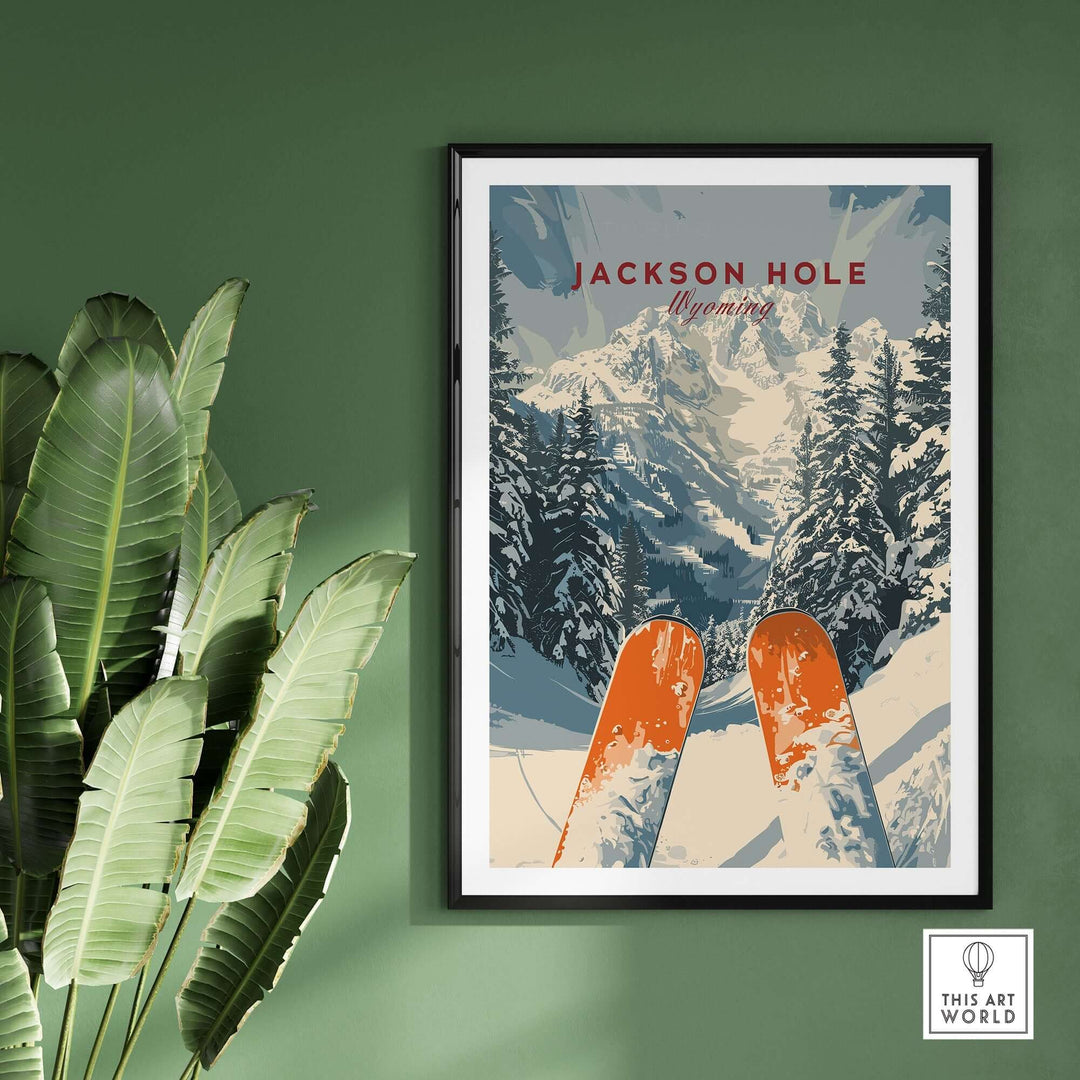 Jackson Hole travel poster showcasing ski slopes and mountains in Wyoming, perfect for nature lovers and adventurers.