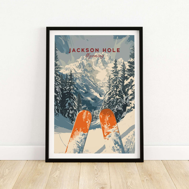 Jackson Hole travel poster showcasing ski slopes and mountains in Wyoming, perfect for home or office decor.