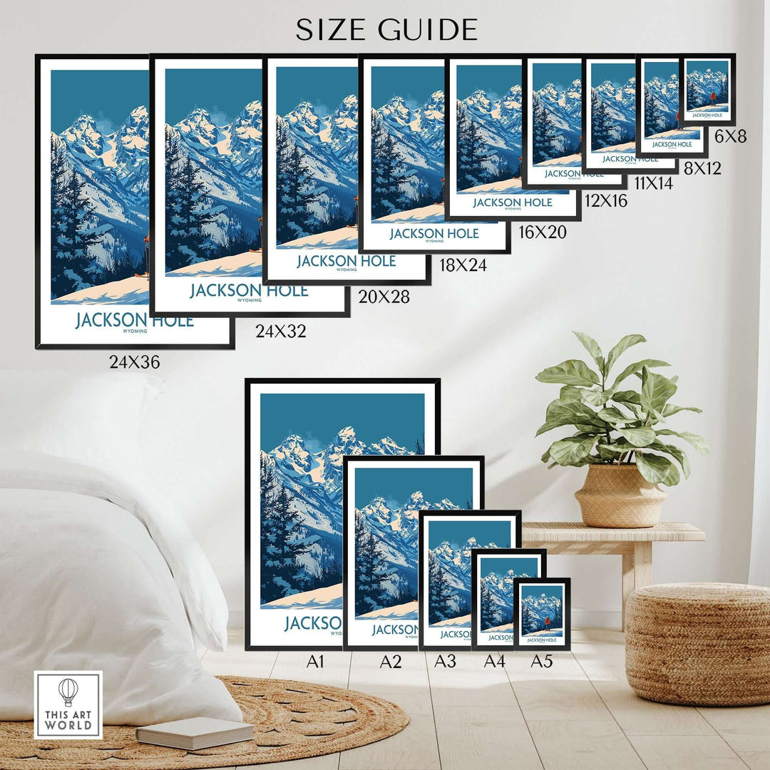 Jackson Hole wall art size guide showcasing multiple frame options against a white wall, featuring a mountain landscape in Wyoming.