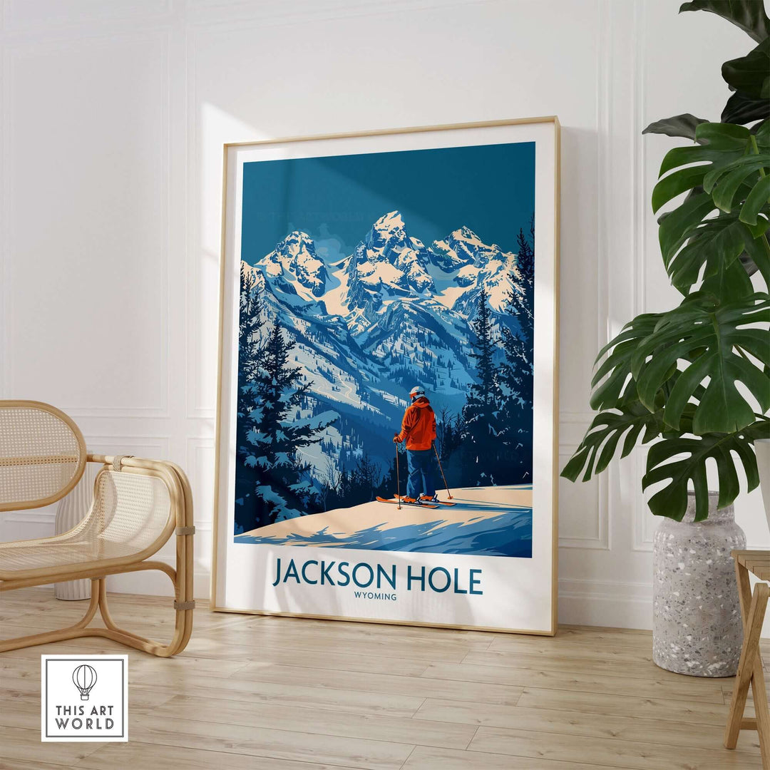 Jackson Hole wall art featuring a skier admiring snowy mountains in Wyoming, framed elegantly, perfect for home decor.