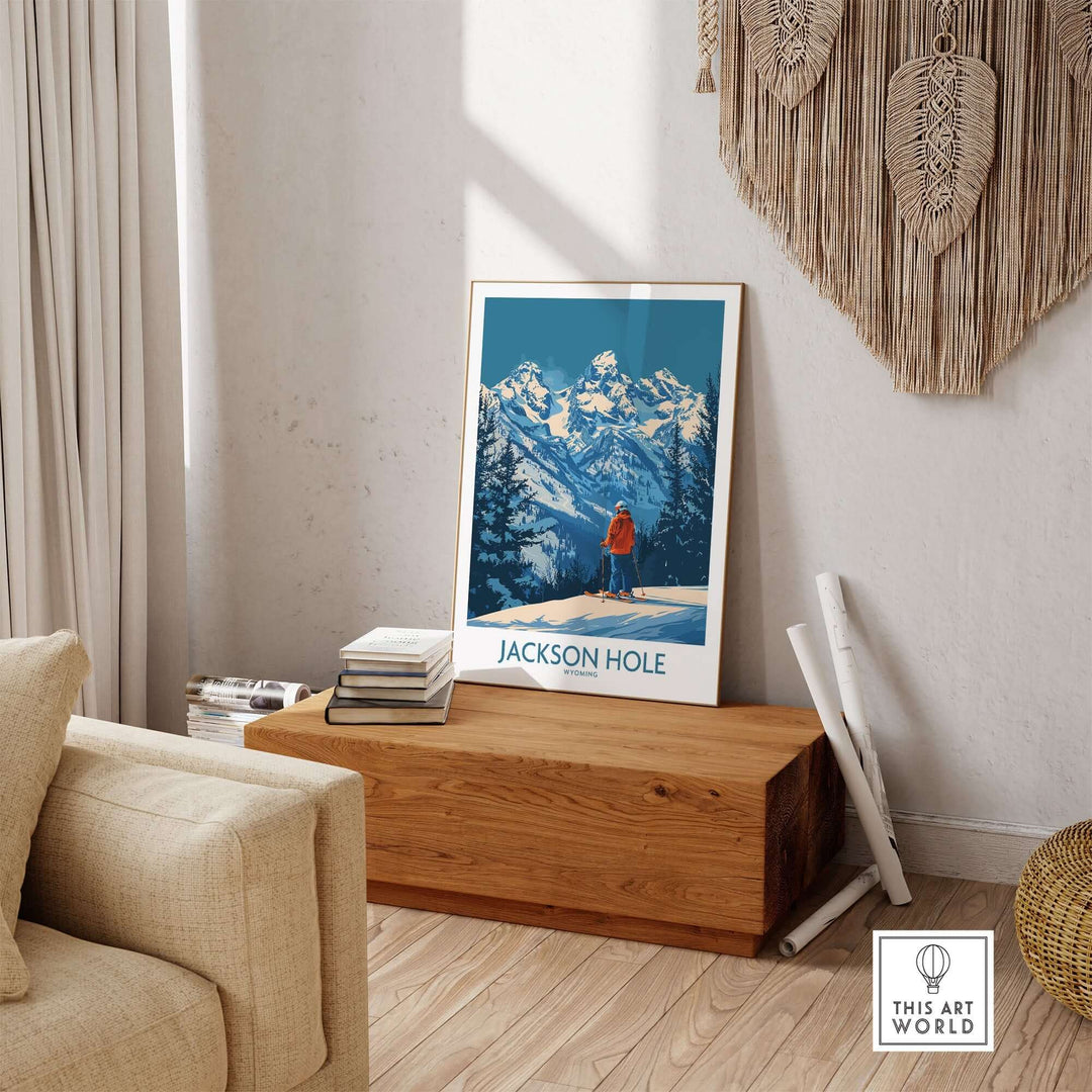 Jackson Hole wall art featuring snowy mountains displayed in a cozy living room setting