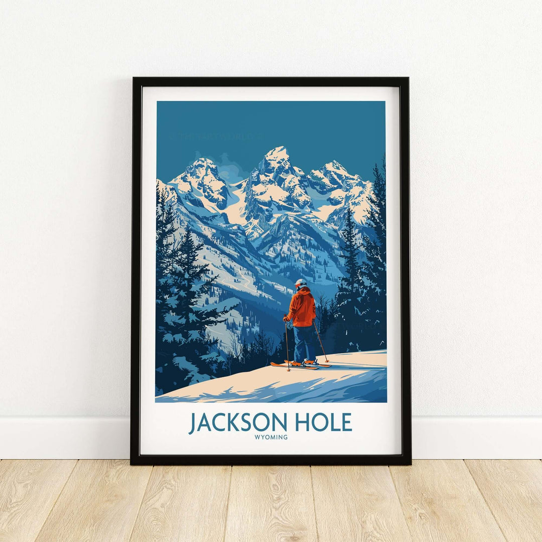 Framed Jackson Hole wall art featuring a skier and snowy mountains in Wyoming.