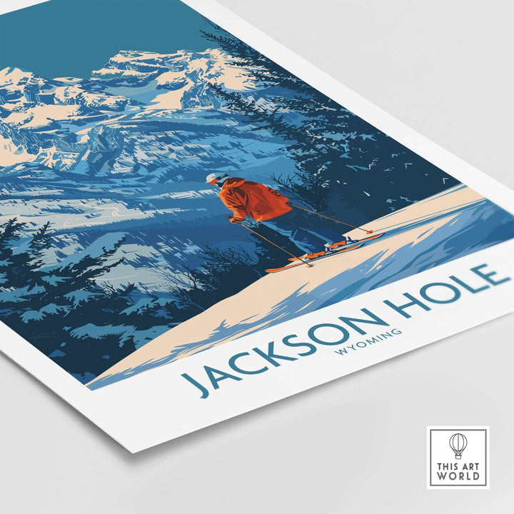 Jackson Hole wall art featuring a skier with snowy mountains in Wyoming background.