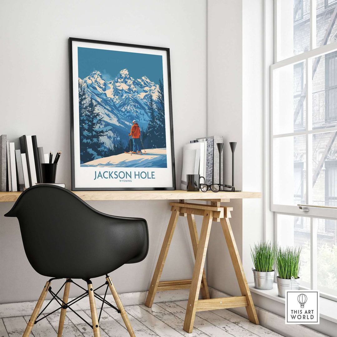 Jackson Hole wall art in modern office setting, featuring scenic Wyoming mountains.