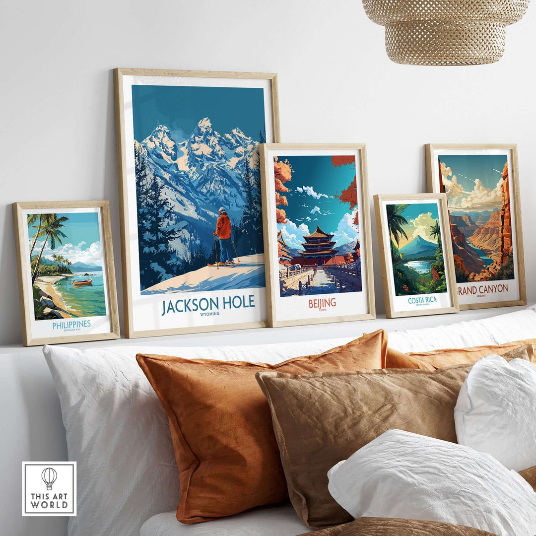 Gallery of travel-themed wall art featuring destinations like Jackson Hole, Beijing, and the Grand Canyon.