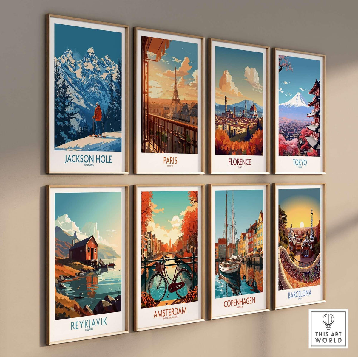 A collection of city wall art featuring Jackson Hole, Paris, Florence, Tokyo, Reykjavik, Amsterdam, Copenhagen, and Barcelona.