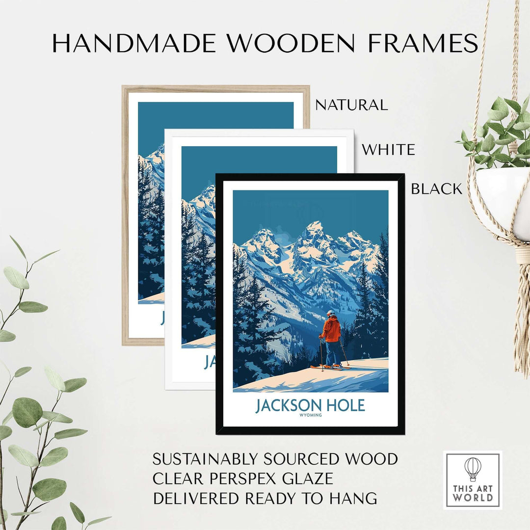 Jackson Hole wall art in black, white, and natural handmade wooden frames, featuring a snowy mountain landscape with a skier.