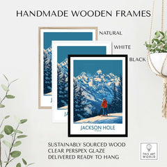 Jackson Hole wall art in black, white, and natural handmade wooden frames, featuring a snowy mountain landscape with a skier.