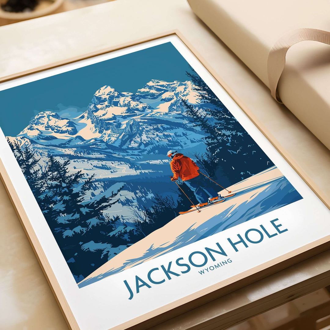 Jackson Hole wall art featuring skier with snowy Wyoming mountain landscape in a frame.