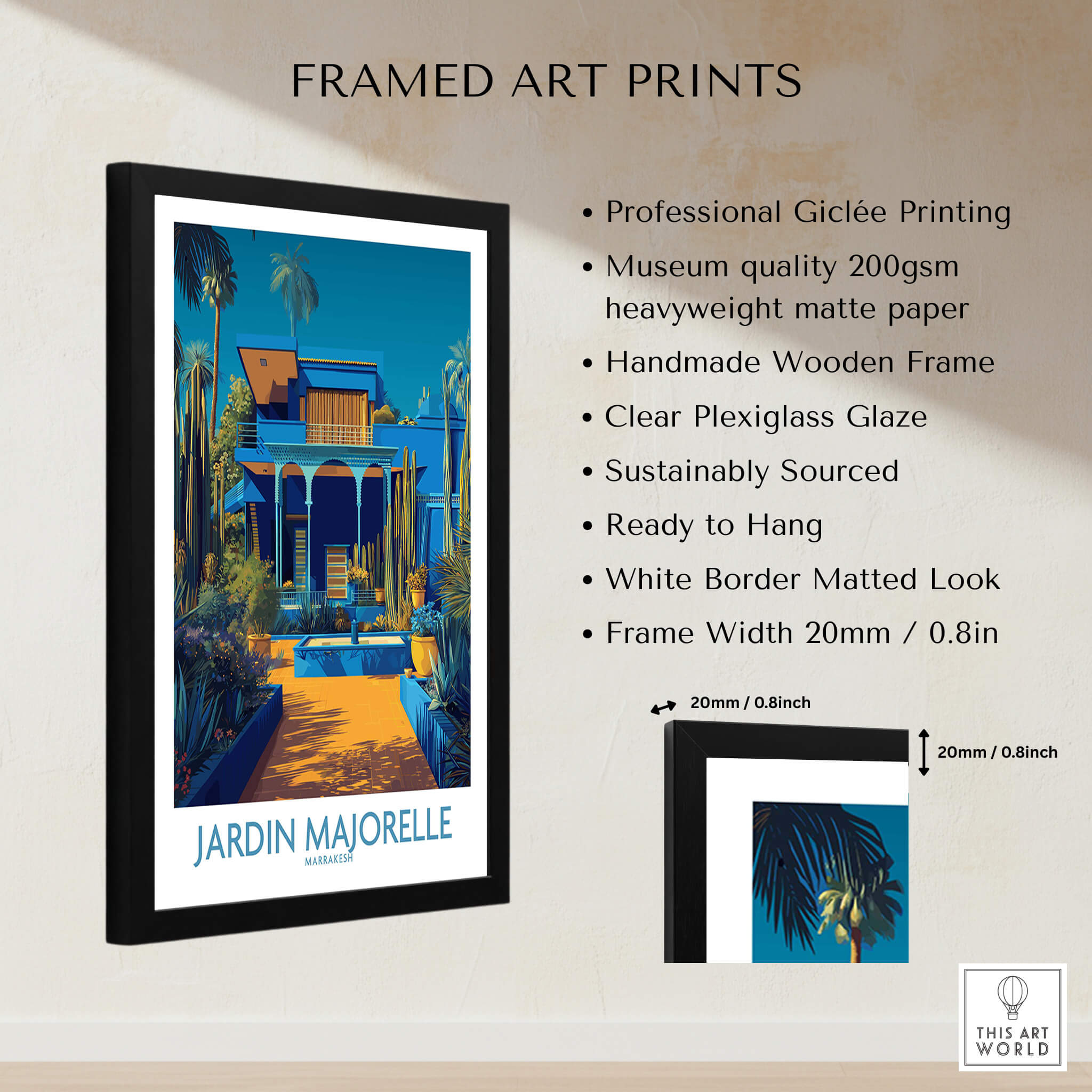 Jardim Majorelle Marrakech Posters | Majorelle Blue Architecture Canvas Print framed with professional giclée quality.