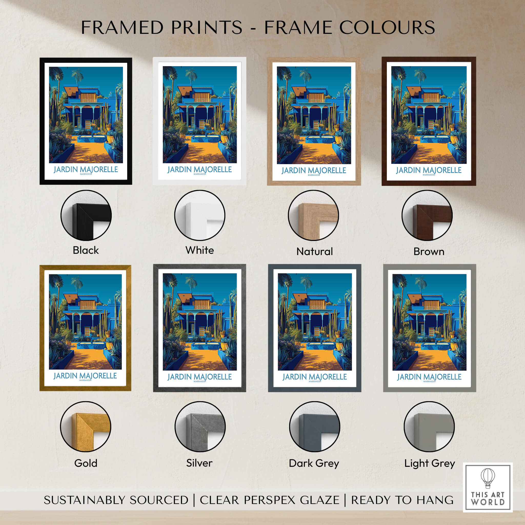 Jardim Majorelle Marrakech Posters | Majorelle Blue Architecture Canvas Print framed options in various colors
