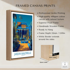 Jardim Majorelle Marrakech Posters | Majorelle Blue Architecture Canvas Print framed with a natural wood frame.