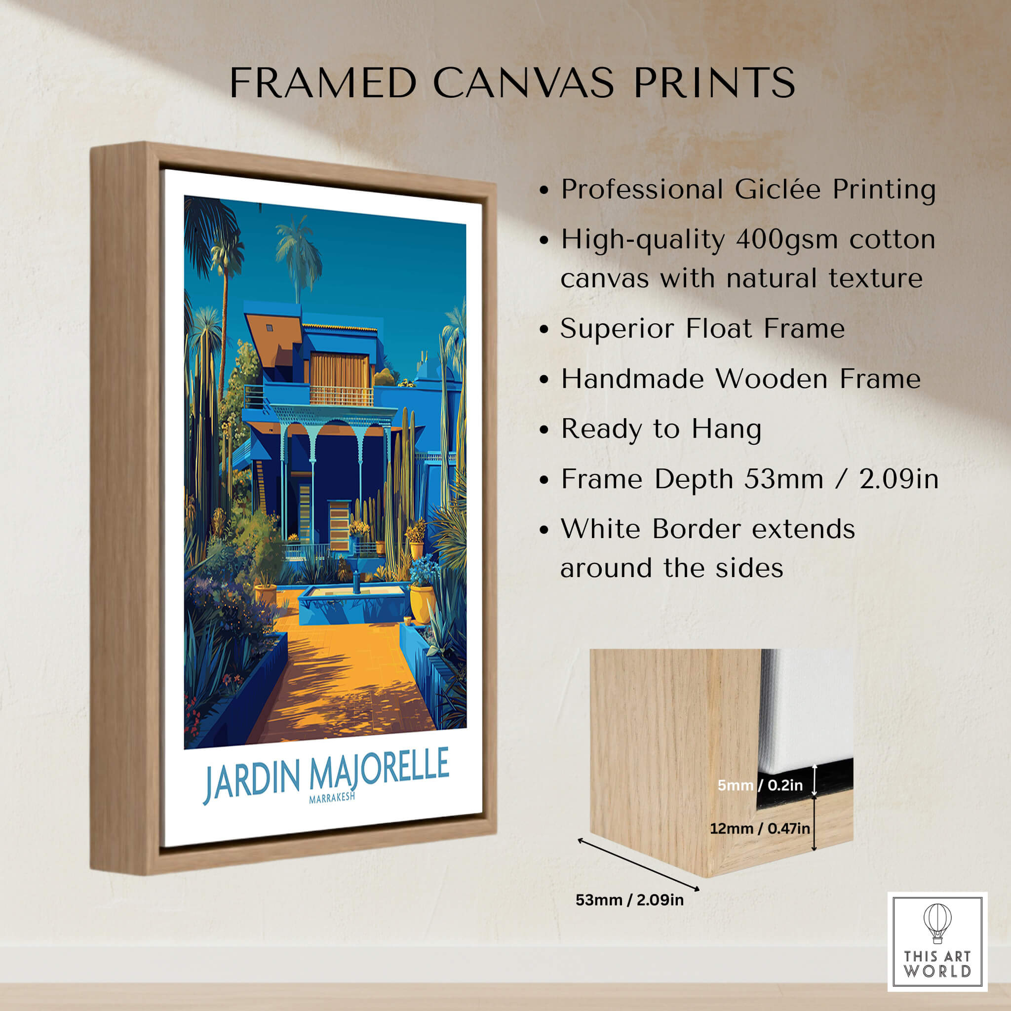 Jardim Majorelle Marrakech Posters | Majorelle Blue Architecture Canvas Print framed with a natural wood frame.