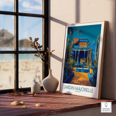 Jardim Majorelle Marrakech Posters | Majorelle Blue Architecture Canvas Print displayed on a stylish table by a window.