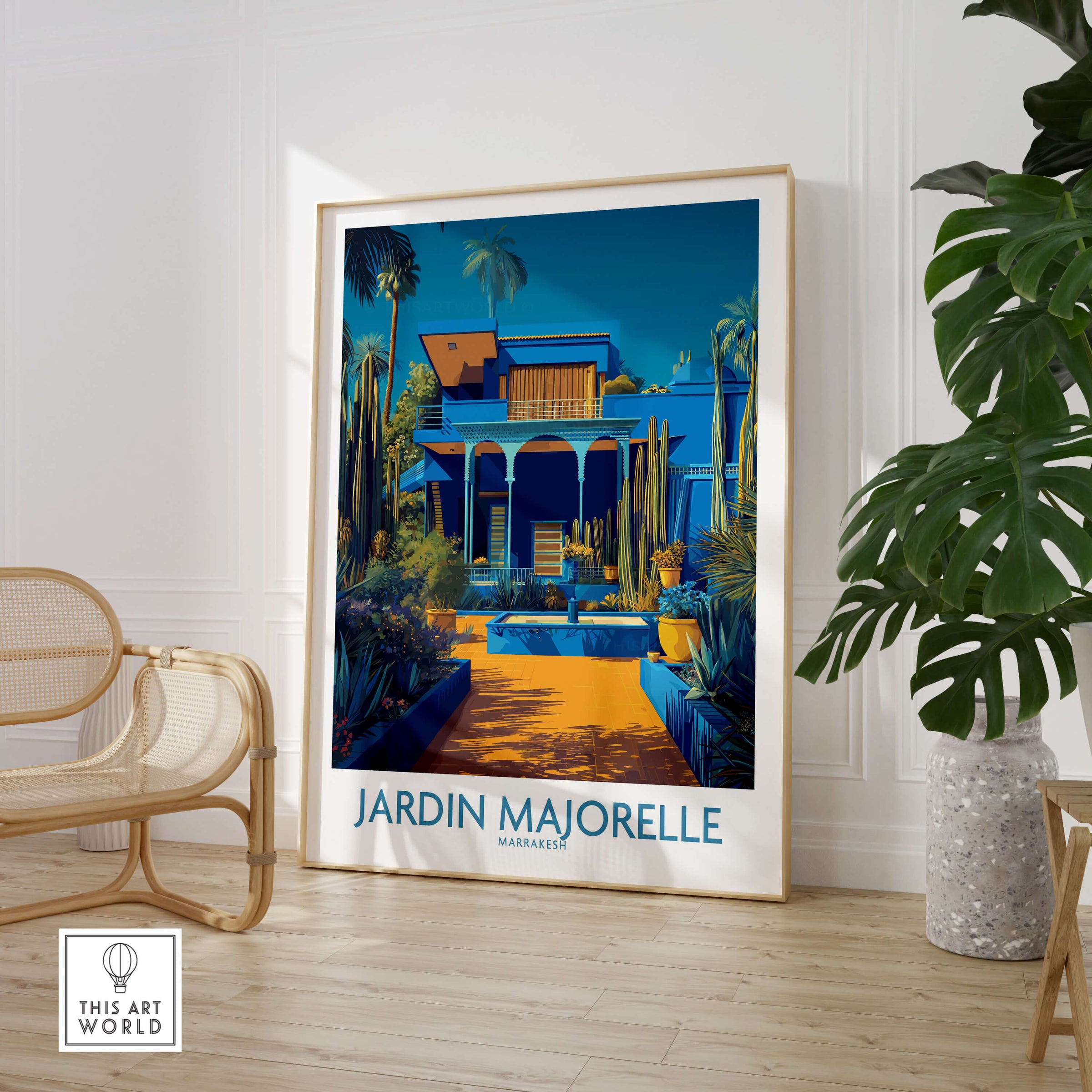 Jardim Majorelle Marrakech Posters | Majorelle Blue Architecture Canvas Print in a stylish interior setting.
