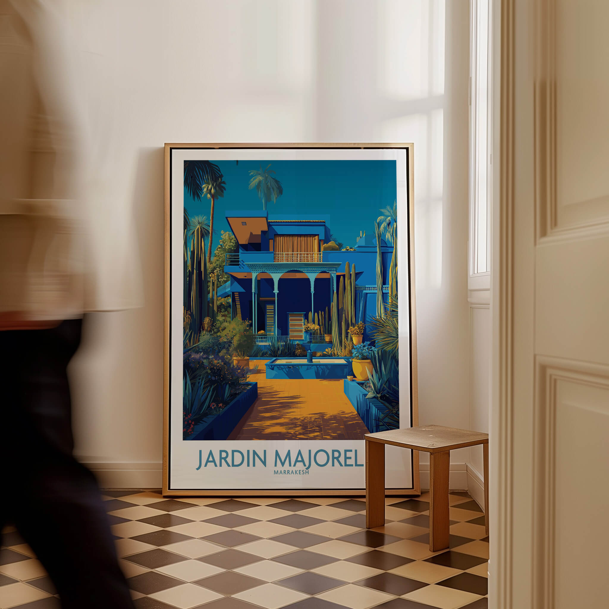 Jardim Majorelle Marrakech Posters | Majorelle Blue Architecture Canvas Print displayed indoors.