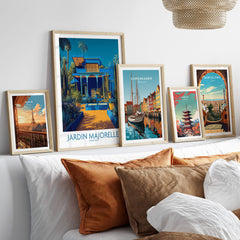 Jardim Majorelle Marrakech Posters | Majorelle Blue Architecture Canvas Print displayed among other city posters.