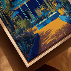 Jardim Majorelle Marrakech Wall Art Print | Moroccan Garden Travel Posters featuring vibrant colors and lush garden scenery.