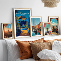 Jardim Majorelle Marrakech Wall Art Print | Moroccan Garden Travel Posters displayed in stylish frames on a cozy sofa.