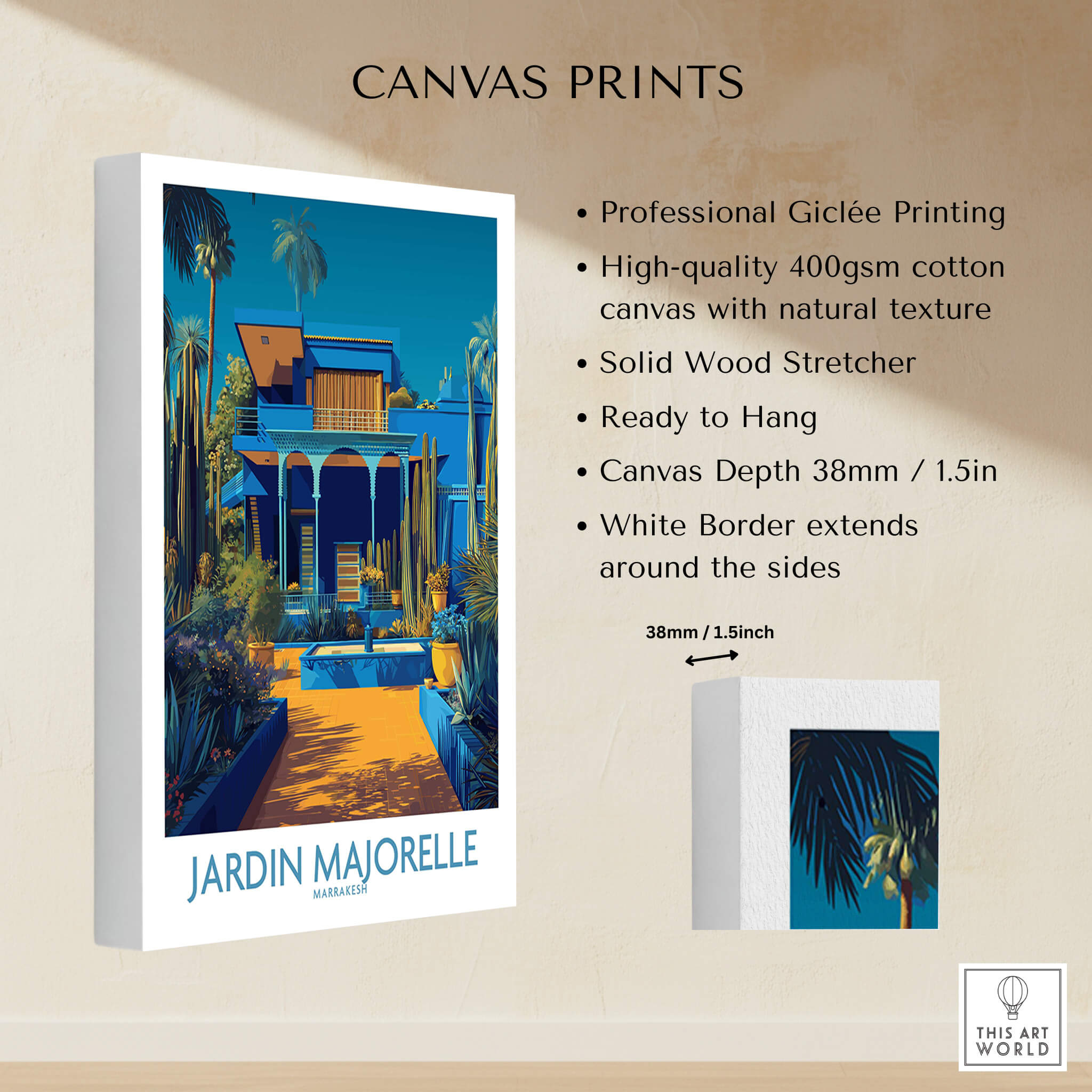 Jardim Majorelle Marrakech Posters | Majorelle Blue Architecture Canvas Print with professional Giclée printing details.