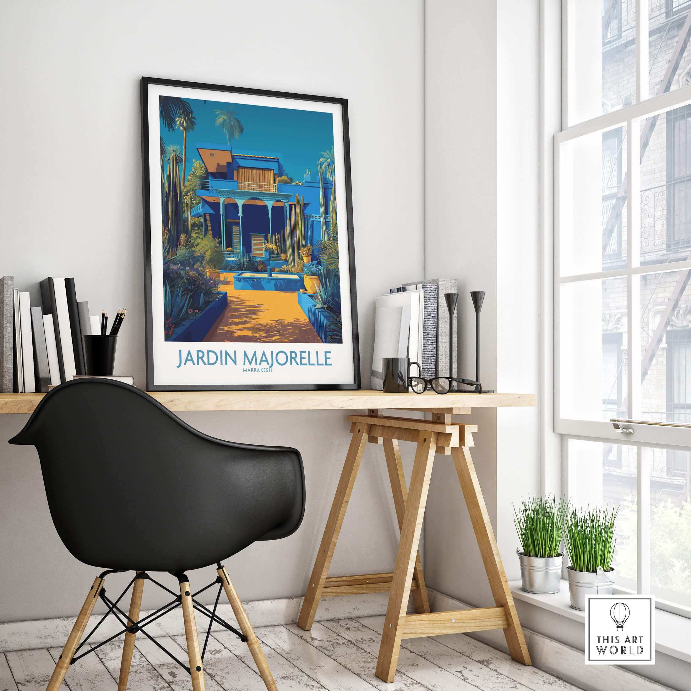 Jardim Majorelle Marrakech Posters | Majorelle Blue Architecture Canvas Print displayed in a modern home office setting.
