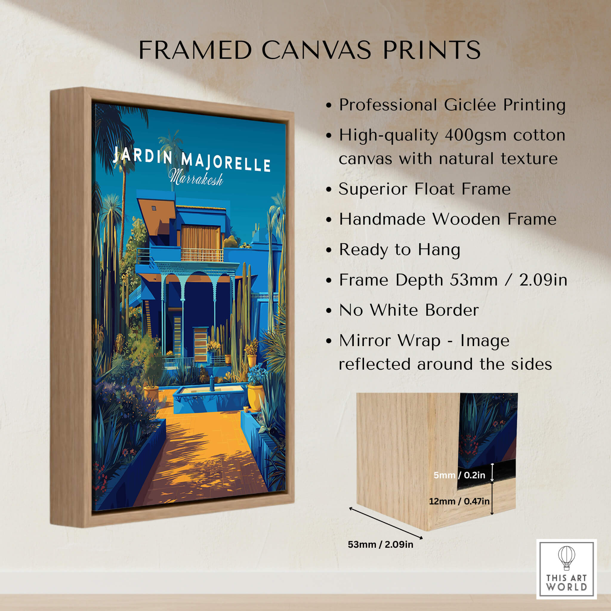 Jardim Majorelle Marrakech Wall Art Print | Moroccan Garden Travel Posters framed canvas print showcasing vibrant design.