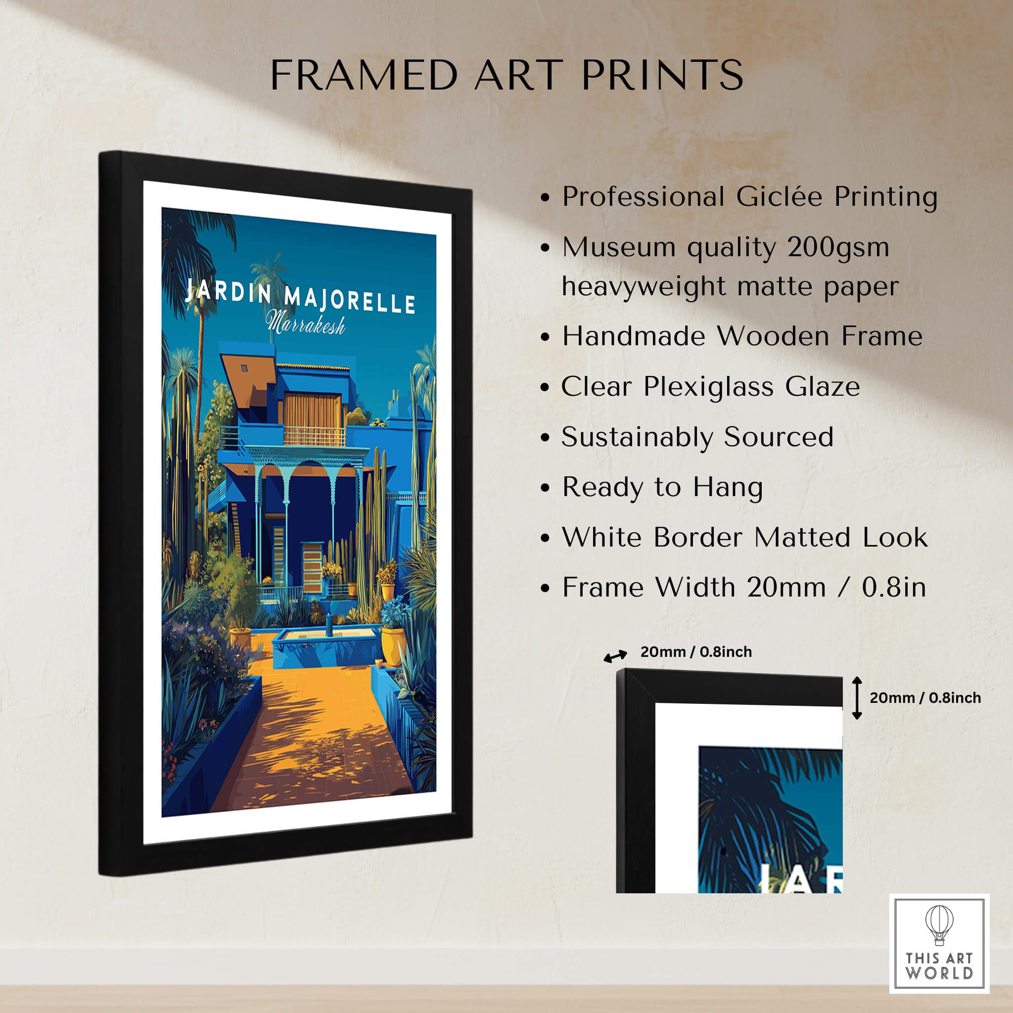 Jardim Majorelle Marrakech Wall Art Print | Moroccan Garden Travel Posters framed art print with professional giclée quality.