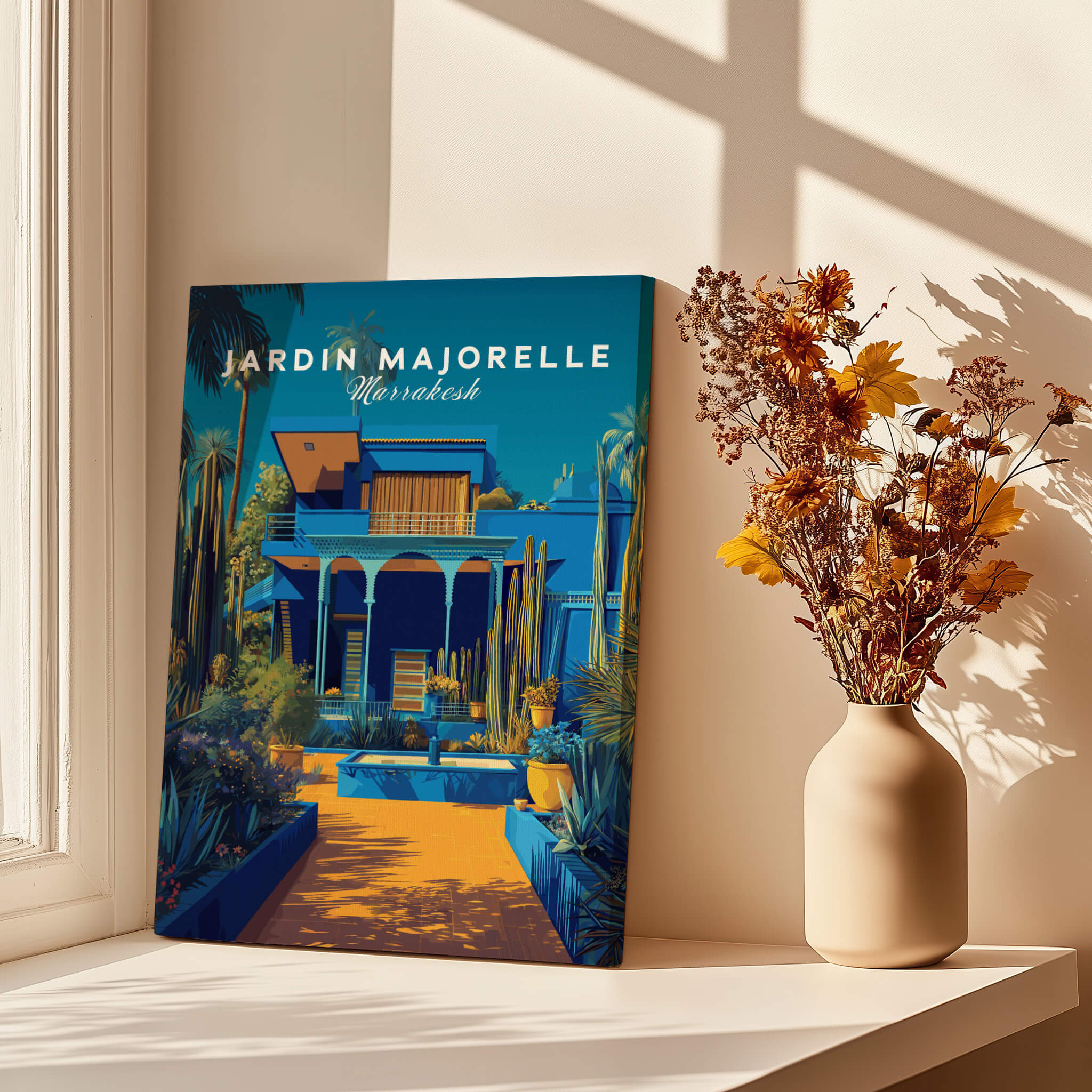 Jardim Majorelle Marrakech Wall Art Print | Moroccan Garden Travel Posters showcasing vibrant plant life and architecture.