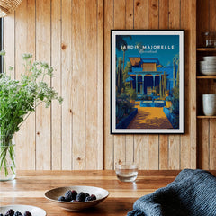 Jardim Majorelle Marrakech Wall Art Print | Moroccan Garden Travel Posters displayed in a cozy interior with wooden decor.