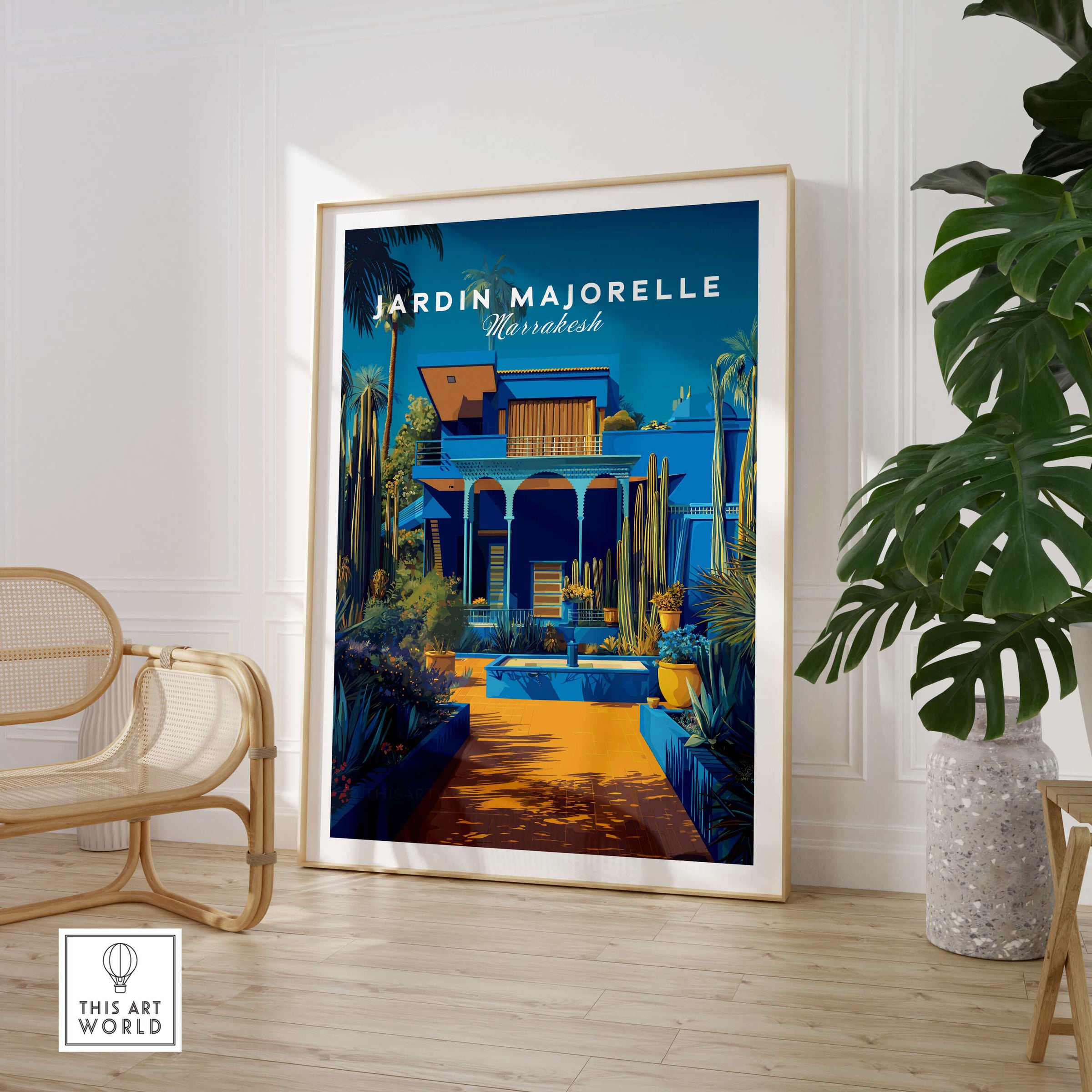 Jardim Majorelle Marrakech Wall Art Print | Moroccan Garden Travel Posters in a stylish indoor setting.