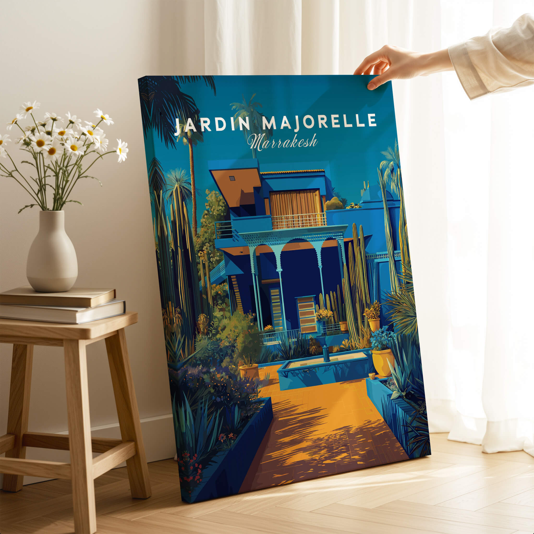 Jardim Majorelle Marrakech Wall Art Print | Moroccan Garden Travel Posters showcases vibrant colors and exotic plants.