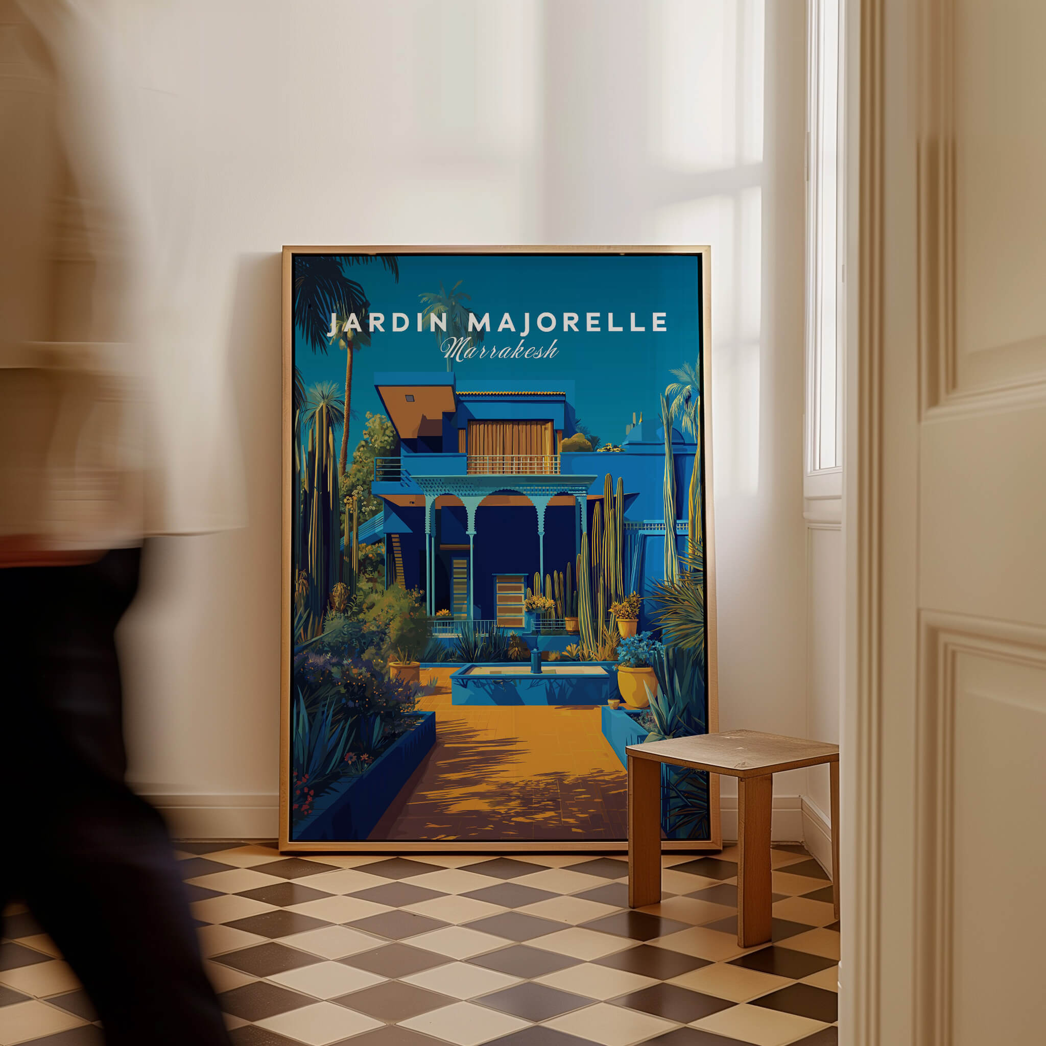 Jardim Majorelle Marrakech Wall Art Print | Moroccan Garden Travel Posters in a stylish interior setting.