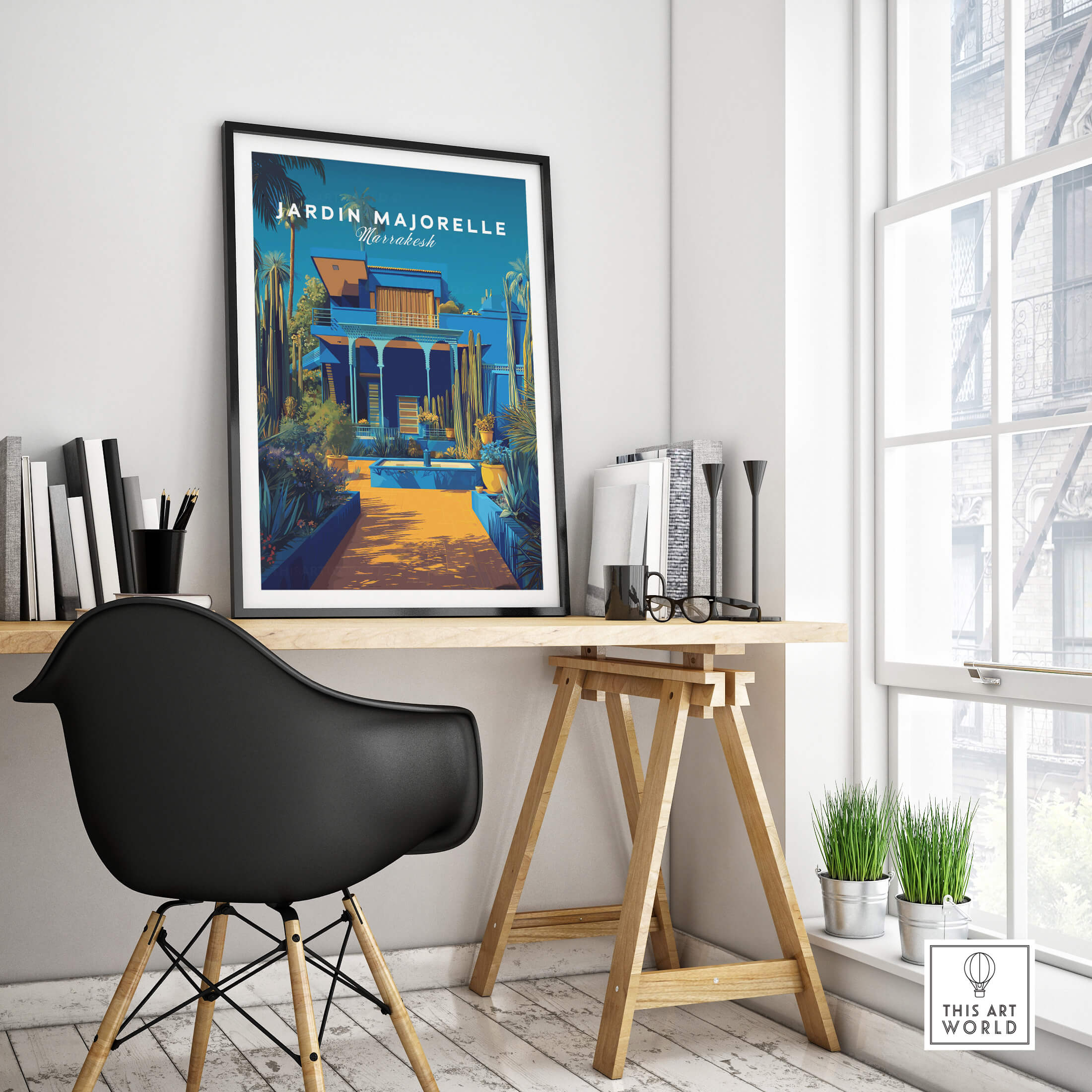 Jardim Majorelle Marrakech Wall Art Print | Moroccan Garden Travel Posters displayed in a modern workspace setting.