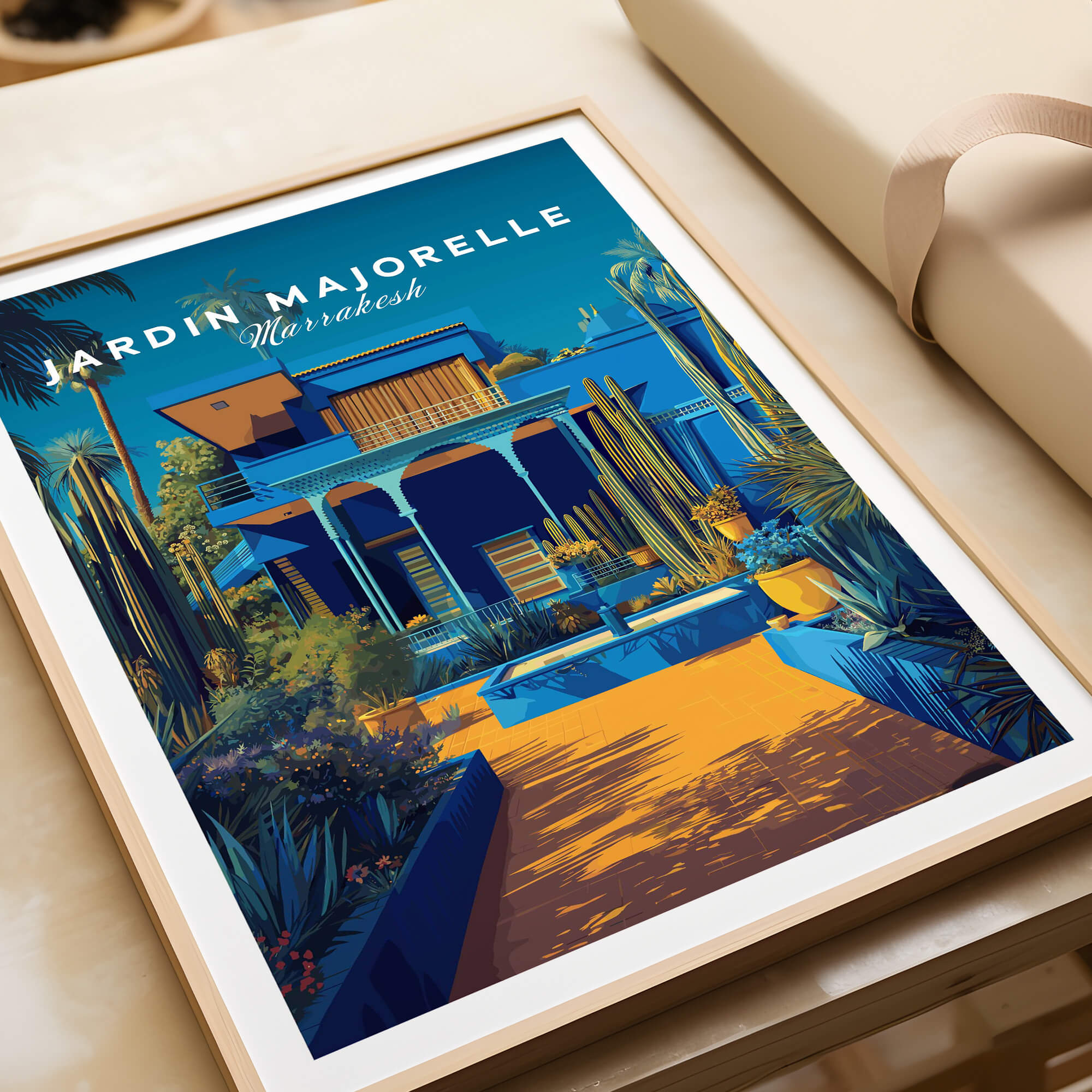 Jardim Majorelle Marrakech Wall Art Print | Moroccan Garden Travel Posters featuring vibrant colors and exotic plant life.