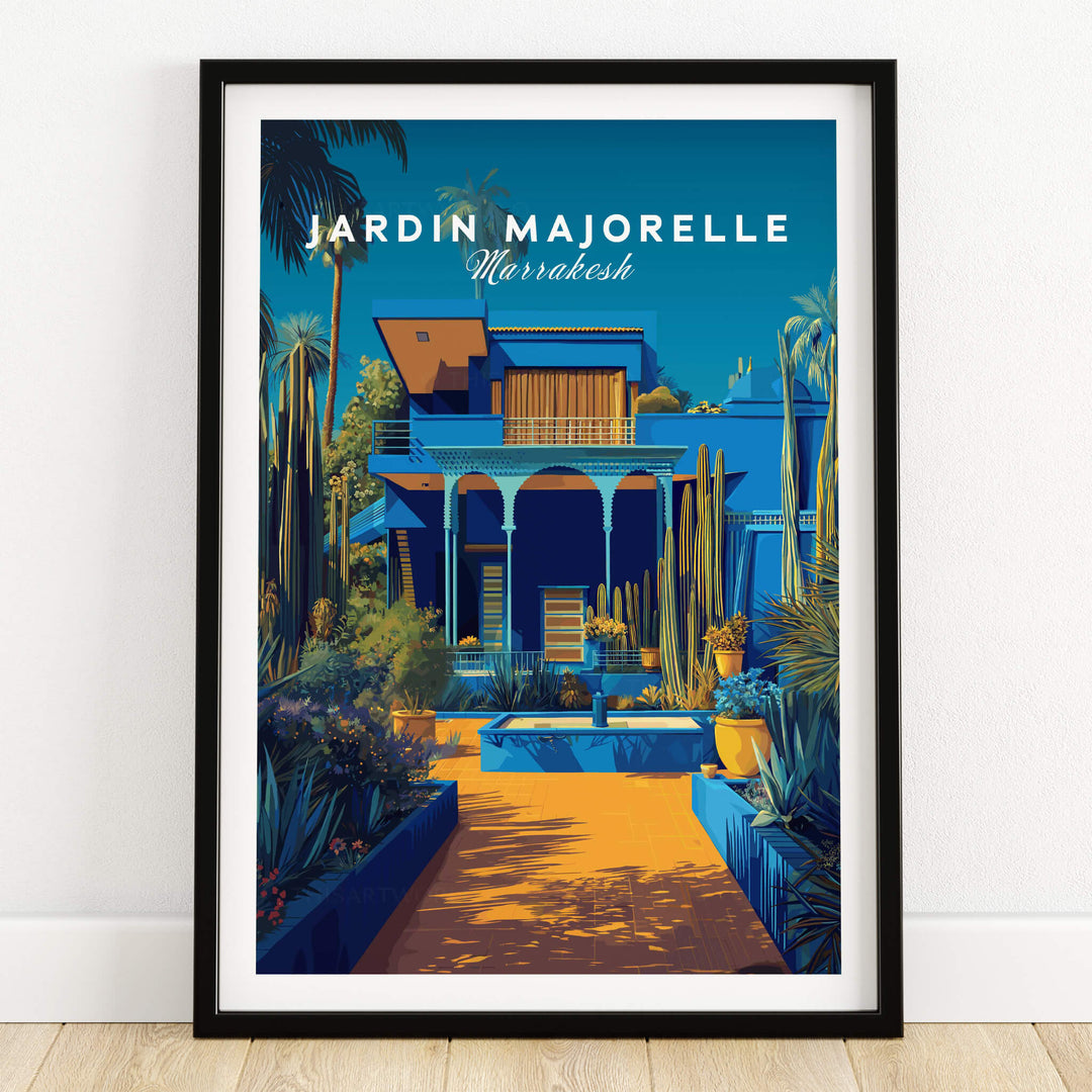 Jardim Majorelle Marrakech Wall Art Print | Moroccan Garden Travel Posters featuring vibrant blues and lush plants.