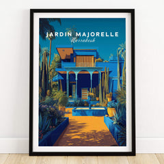 Jardim Majorelle Marrakech Wall Art Print | Moroccan Garden Travel Posters featuring vibrant blues and lush plants.