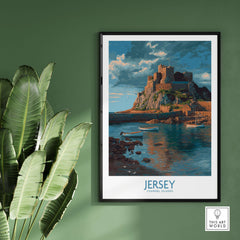 Jersey Channel Islands Art Print - Mont Orgueil Castle, showcasing the fortress above the sea.