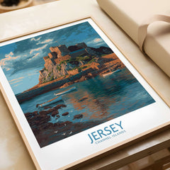 Jersey Channel Islands Art Print - Mont Orgueil Castle featuring a beautiful coastal view of the iconic fortress.