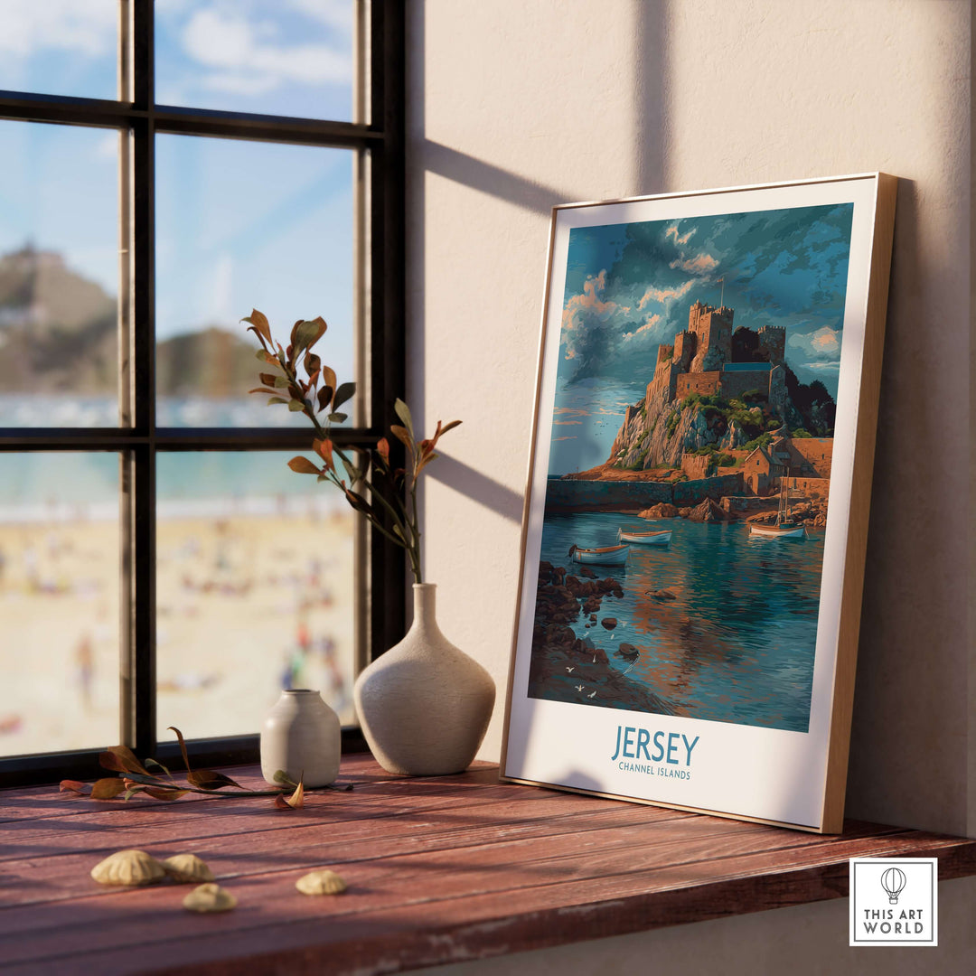 Jersey Channel Islands Art Print - Mont Orgueil Castle displayed on a shelf near a window, showcasing stunning coastal view.