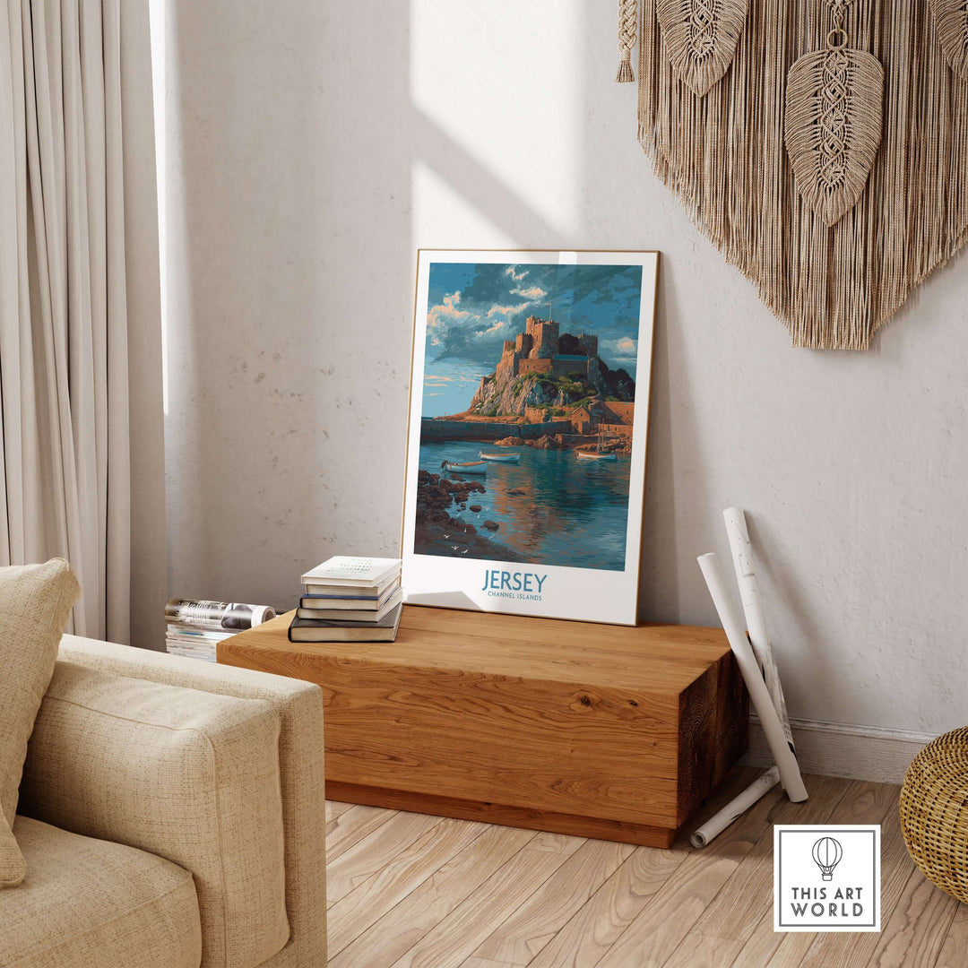 Jersey Channel Islands Art Print - Mont Orgueil Castle displayed in a stylish living room setting.