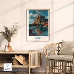 Jersey Channel Islands Art Print - Mont Orgueil Castle framed on wall above stylish furniture in modern interior.