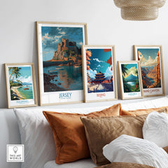 Jersey Channel Islands Art Print - Mont Orgueil Castle displayed among other art prints on a stylish sofa.