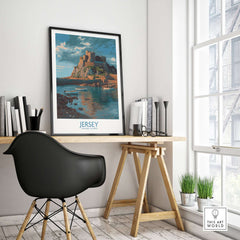 Jersey Channel Islands Art Print - Mont Orgueil Castle displayed in a modern workspace with coastal views.