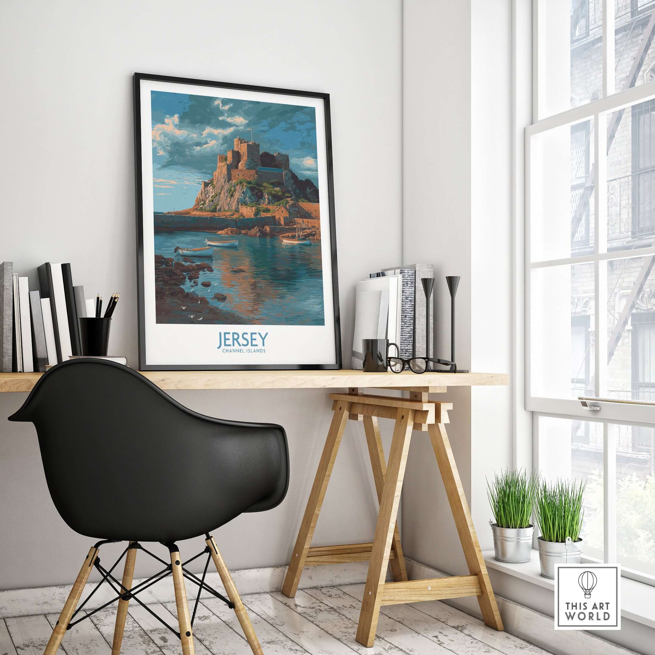 Jersey Channel Islands Art Print - Mont Orgueil Castle displayed in a modern workspace with coastal views.