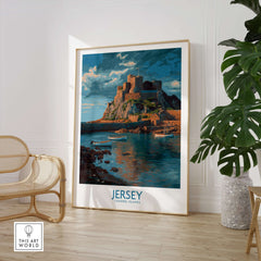 Jersey Channel Islands Art Print - Mont Orgueil Castle depicting the iconic fortress by the sea in vibrant colors.