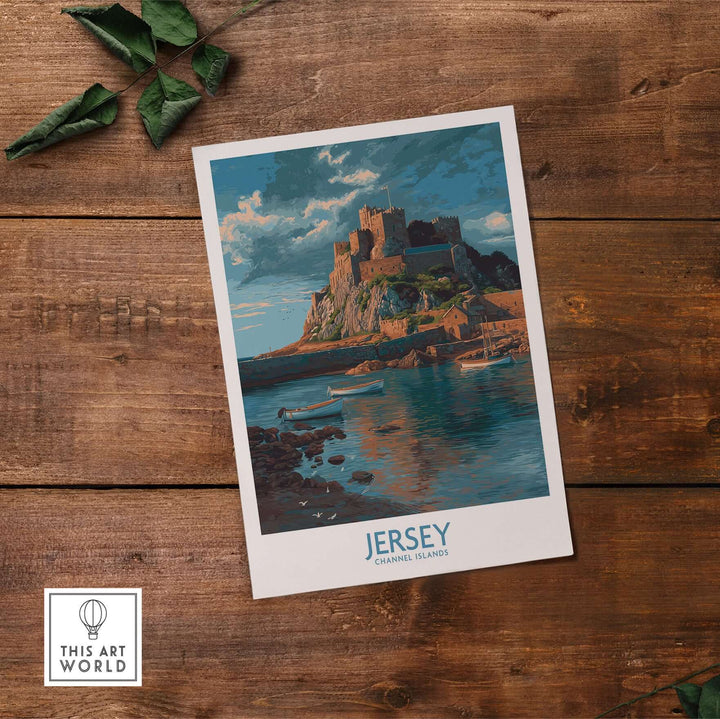 Jersey Channel Islands Art Print - Mont Orgueil Castle showcasing the iconic fortress above the sea in vivid colors.