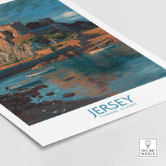 Jersey Channel Islands Art Print - Mont Orgueil Castle, showcasing a coastal view with boats and an iconic historic fortress.