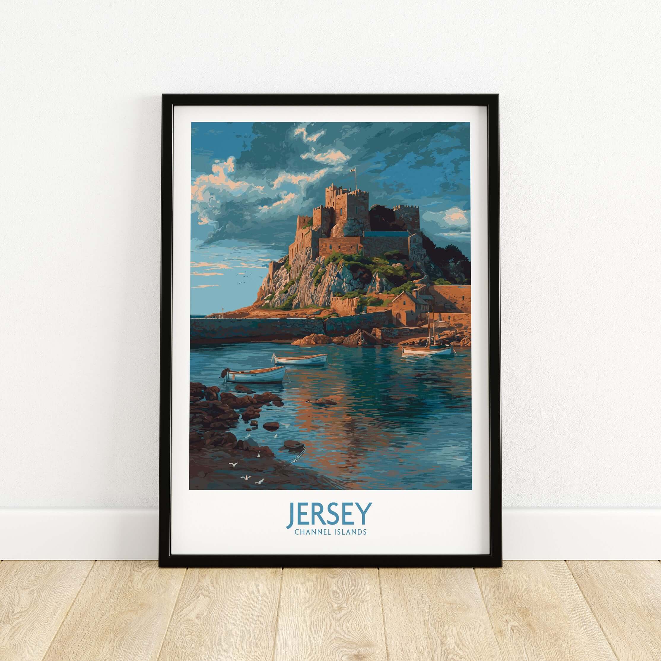 Jersey Channel Islands Art Print - Mont Orgueil Castle showcasing the iconic fortress by the sea.