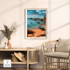 Jersey Channel Islands Art Print | Scenic Coastal Bay Poster displayed in a stylish home interior with boats and shoreline.