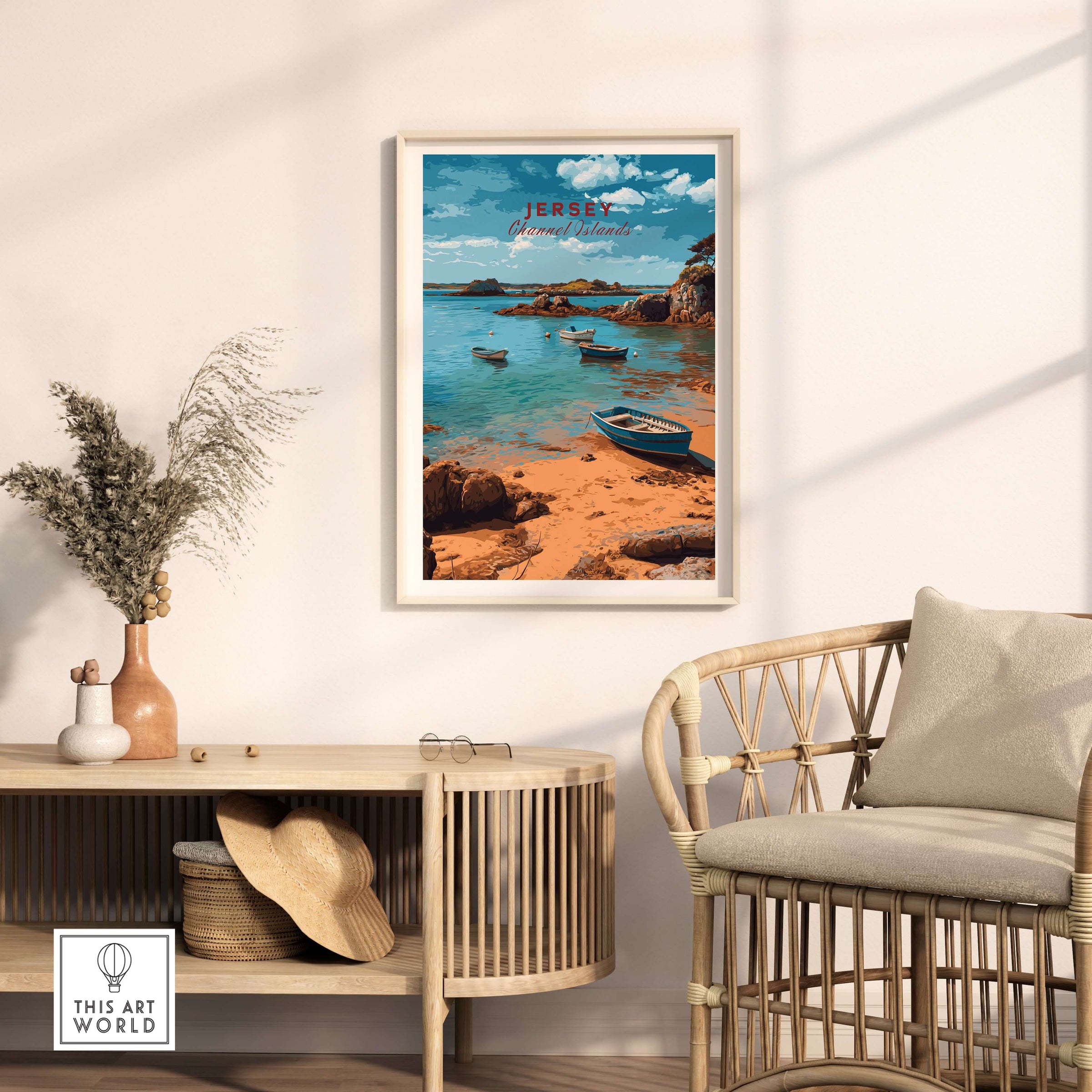 Jersey Channel Islands Art Print | Scenic Coastal Bay Poster displayed in a stylish home interior with boats and shoreline.